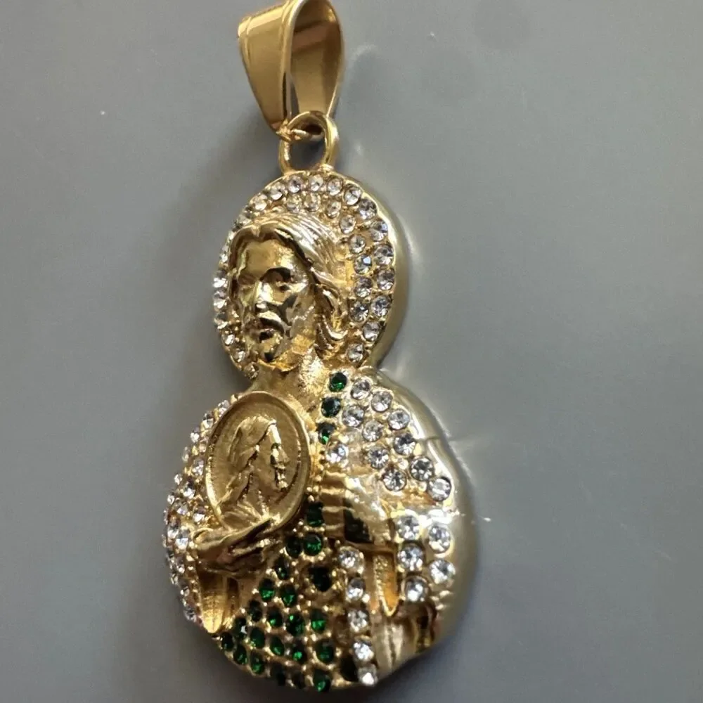 Saint Jude Thaddeus Pendant Gold Stainless Steel 24” Chain Jesus Cubic Zirconia